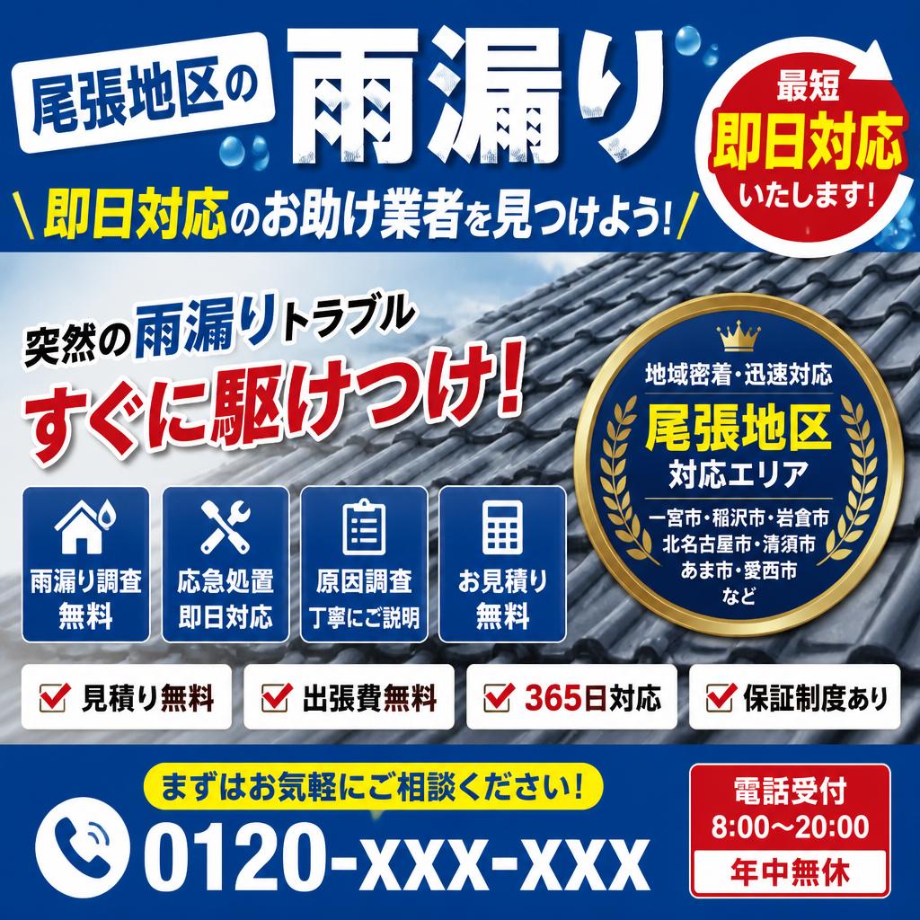 刈谷市で突然の雨漏り即日対応！1週間以内工事対応可能です。