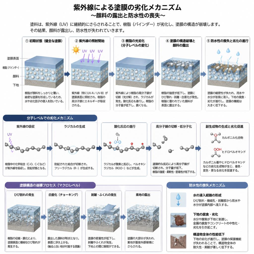 化学的メカニズム：顔料の露出と劣化