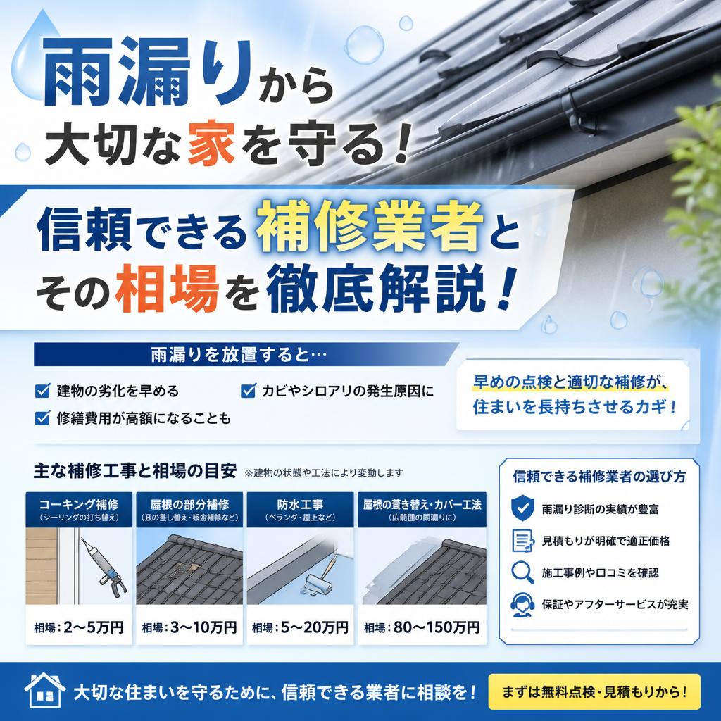 雨漏りから大切な家を守る！信頼できる補修業者とその相場を徹底解説！3年間保証付き