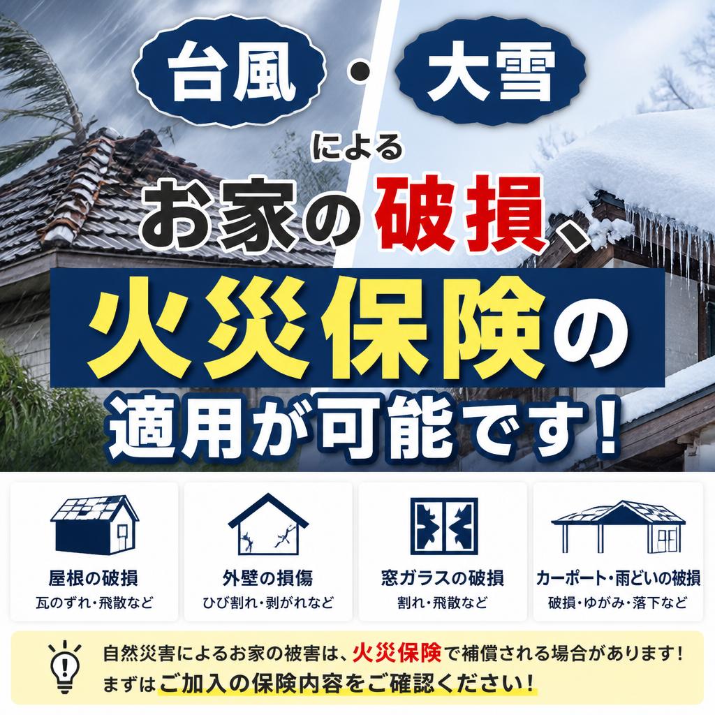 台風・大雪によるお家の破損、火災保険の適用が可能です！ただし業者の見積もりやお写真が必要です。手数料無しの診断可能です。